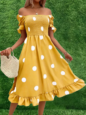 HOC's Women Fit and Flare Yellow Midi/Calf Length Dress