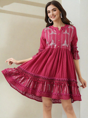 Ishin Women Fit and Flare Purple Above Knee/Mid Thigh Length Dress
