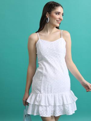 Tokyo Talkies Women Ruffled White Above Knee/Mid Thigh Length Dress