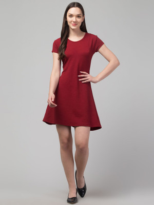HouseOfCommon Women A-line Maroon Above Knee/Mid Thigh Length Dress