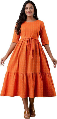 BADRIKAFASHION Women A-line Orange Midi/Calf Length Dress