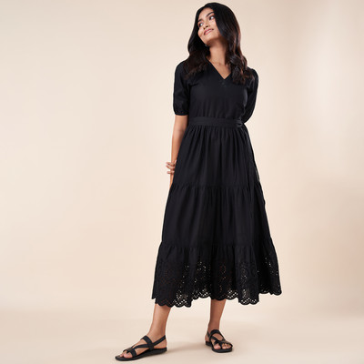 Akkriti by Pantaloons Women Fit and Flare Black Midi/Calf Length Dress