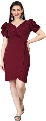 A To Z Cart Women Wrap Maroon Above Knee/Mid Thigh Length Dress