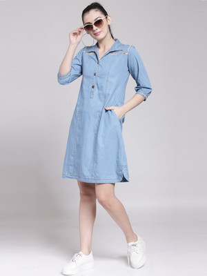PLUSS Women Shift Blue Above Knee/Mid Thigh Length Dress