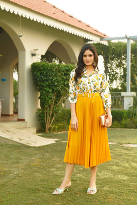 V3 FASHION Women Fit and Flare Yellow Below Knee Dress