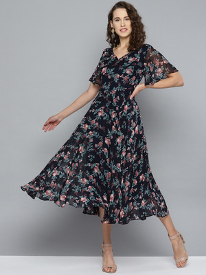 RARE Women Fit and Flare Blue Midi/Calf Length Dress