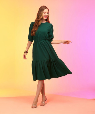 Globus Women Fit and Flare Green Below Knee Dress