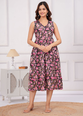 RD Fab Women Fit and Flare Pink Below Knee Dress