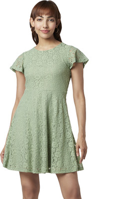 Honey By Pantaloons Women Fit and Flare Light Green Above Knee/Mid Thigh Length Dress