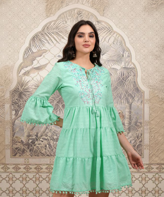 Vishudh Women Fit and Flare Green Midi/Calf Length Dress