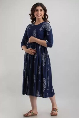 zoxfay Women Fit and Flare Dark Blue, White Dress