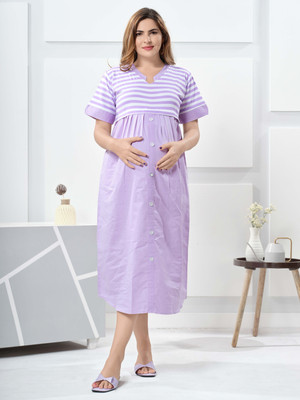 EASYMOM Women Fit and Flare Purple Ankle Length Dress