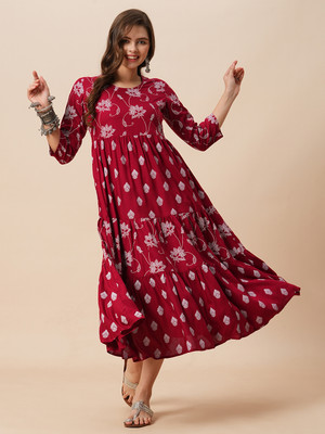 Globus Women A-line Maroon Midi/Calf Length Dress