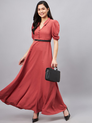 WineRed Women Fit and Flare Red Maxi/Full Length Dress