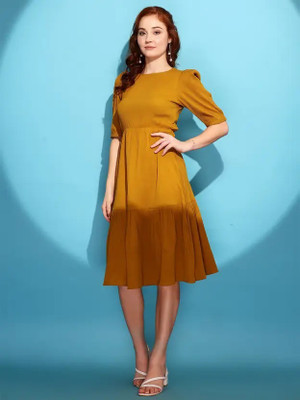 OSHO ENTERPRISE Women Fit and Flare Yellow Midi/Calf Length Dress