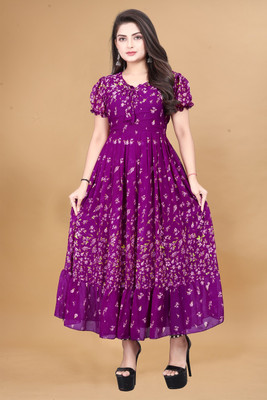 RIDDHI TEXTILES Women Fit and Flare Pink Maxi/Full Length Dress