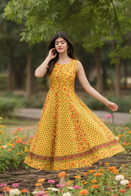 HouseOfCommon Women Fit and Flare Yellow Midi/Calf Length Dress
