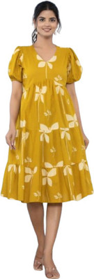 ADHEERA Women Fit and Flare Yellow Knee Length Dress