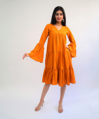 diyaz Women Fit and Flare Yellow Midi/Calf Length Dress