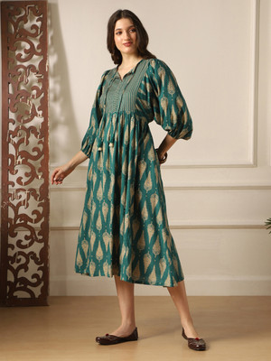Globus Women A-line Green, Beige Midi/Calf Length Dress