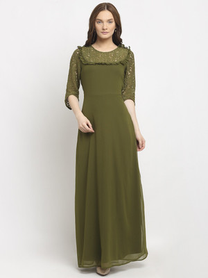 La Zoire Women Fit and Flare Green Maxi/Full Length Dress