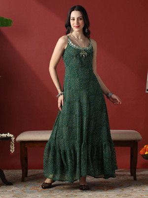Globus Women Fit and Flare Green Maxi/Full Length Dress