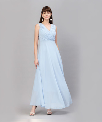 AAYU Women Fit and Flare Blue Maxi/Full Length Dress