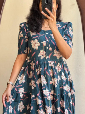 Assamica Women Fit and Flare Blue Midi/Calf Length Dress