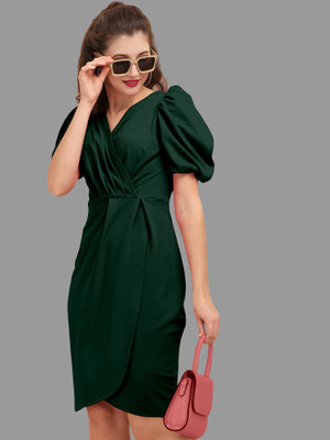 A To Z Cart Women Wrap Dark Green Above Knee/Mid Thigh Length Dress