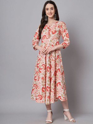 ANOUK Women Fit and Flare White Midi/Calf Length Dress