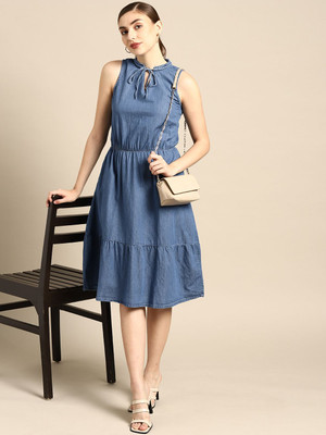 all about you Women A-line Blue Midi/Calf Length Dress