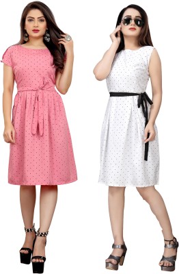 Modli 20 Fashion Women Fit and Flare White, Pink Dress