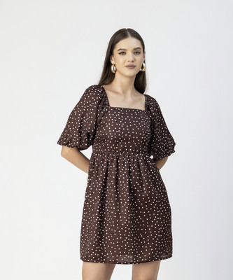 moomaya Women A-line Brown, White Above Knee/Mid Thigh Length Dress