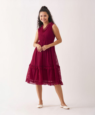 AASK Women Fit and Flare Maroon Midi/Calf Length Dress