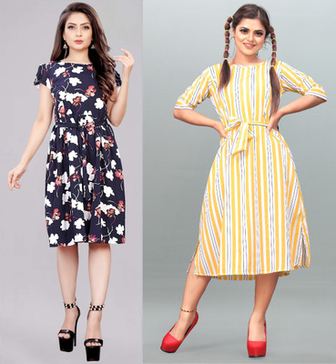 Hiral Creation Women Fit and Flare Blue Below Knee Dress