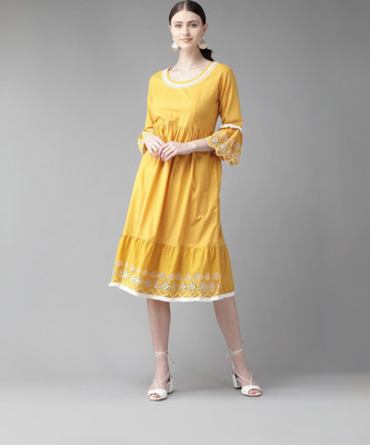 Bhama COUTURE Women Fit and Flare Yellow Midi/Calf Length Dress