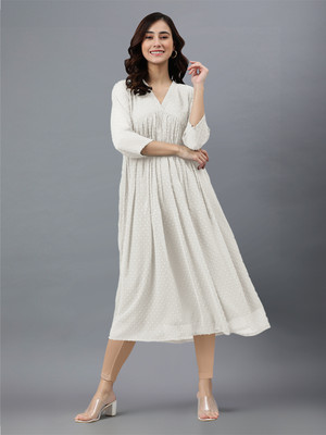 Janasya Women Woven Design Flared Kurta(White)