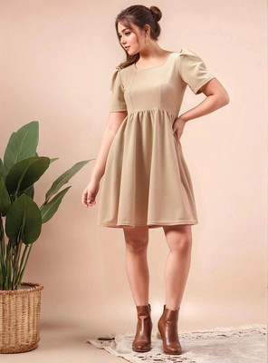 Mast & Harbour Women Fit and Flare Beige Above Knee/Mid Thigh Length Dress