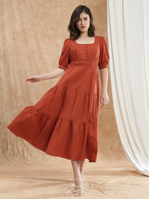 Globus Women Fit and Flare Orange Maxi/Full Length Dress