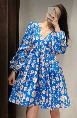 MANOJAVA Women Fit and Flare Blue Dress