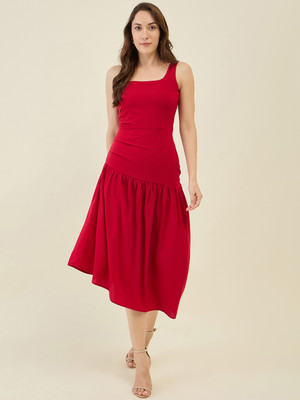 AAYU Women Fit and Flare Red Midi/Calf Length Dress