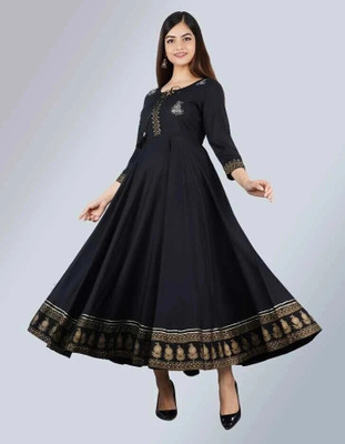 MANISUKMI FASHION Women Fit and Flare Black Ankle Length Dress