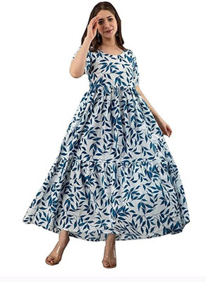 DHRUVI Women Fit and Flare White, Dark Blue Midi/Calf Length Dress