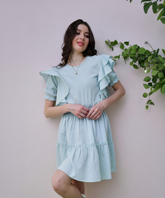 ATHENA Women Fit and Flare Blue Above Knee/Mid Thigh Length Dress