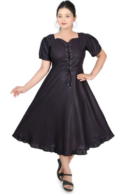 SClassicFashion Women A-line Black Midi/Calf Length Dress