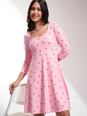 Tokyo Talkies Women Fit and Flare Pink Knee Length Dress