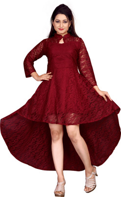 ZELZIS Women High Low Maroon Midi/Calf Length Dress