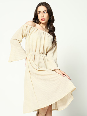 SHOWOFFFF Women A-line Beige Midi/Calf Length Dress