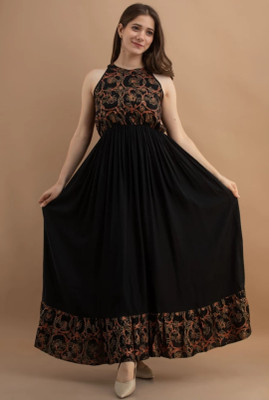 Vitthal Women Maxi Black, Beige, Orange Full Length Dress