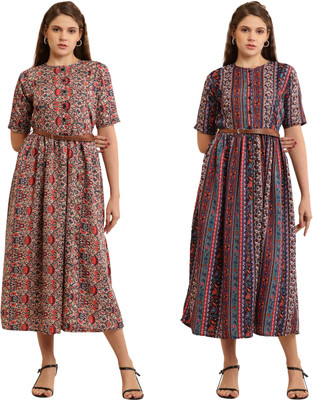 HEAVENS CREATIONS Women Fit and Flare Brown Midi/Calf Length Dress